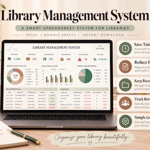May include: A laptop screen displaying a Library Management System spreadsheet with data charts, book inventory, and member activity. To the right, five circular icons highlight features like saving time, reducing errors, and organizing records.