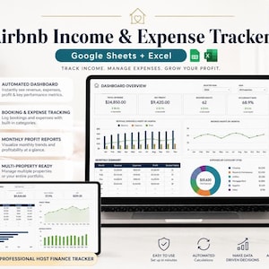 Peut inclure: Un outil de suivi des revenus et dépenses Airbnb en téléchargement numérique pour Google Sheets et Excel. L'écran affiche un ordinateur portable et une tablette avec un tableau de bord automatisé, des rapports de profit et des graphiques.