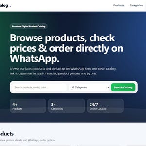 May include: A digital product catalog website interface titled MyCatalog with a green and blue gradient background. The page features a search bar, navigation links for products and categories, and a green WhatsApp Us button at the top right.