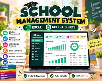 May include: A digital school management system dashboard displayed on a laptop screen, featuring charts, student enrollment data, and fee collection metrics. The interface includes modules for student and teacher management, attendance tracking, and grades.