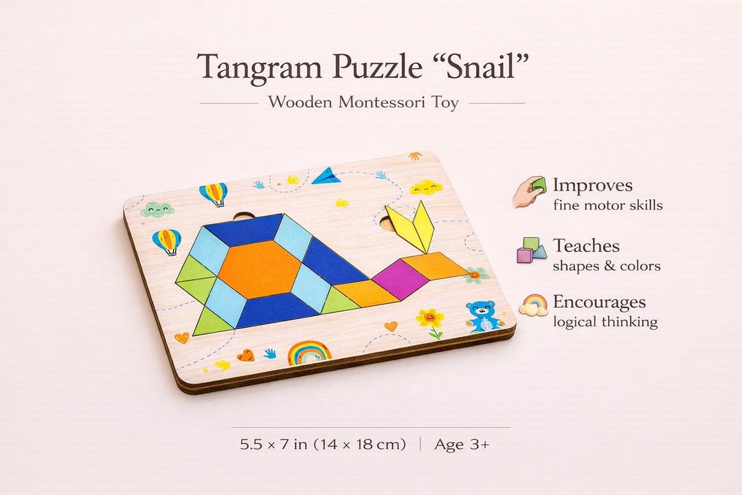 Wooden Tangram Snail Puzzle – Montessori Toy for Kids, Educational ...