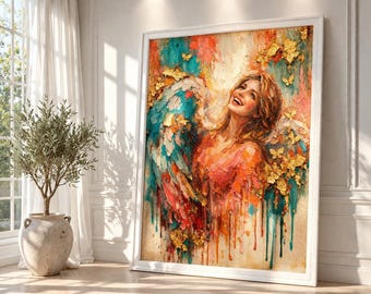 Angel Artwork Print, Vibrant Joyful Expression, Coral Gold Turquoise Tones, Canvas Wall Art