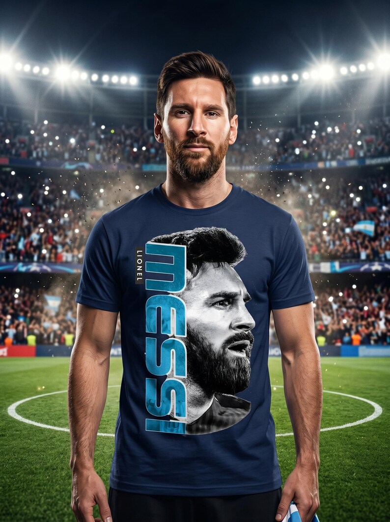 Puede incluir: Una camiseta de manga corta azul marino con un retrato en blanco y negro de Lionel Messi en la parte delantera. El texto "LIONEL" aparece en letras peque&ntilde;as sobre el gran gr&aacute;fico vertical "MESSI" en tonos azules junto al retrato.