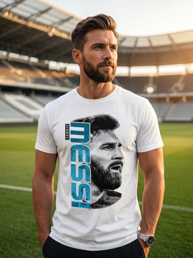 Puede incluir: Una camiseta blanca de manga corta con un retrato en blanco y negro de Lionel Messi. El nombre "MESSI" est&aacute; impreso verticalmente en grandes letras azules junto al retrato, con la palabra "LIONEL" escrita en texto m&aacute;s peque&ntilde;o arriba.