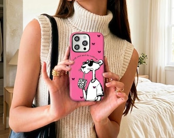 Funda personalizada para iPhone, diseño de la Pantera Rosa bebiendo té de burbujas, funda protectora de doble capa.