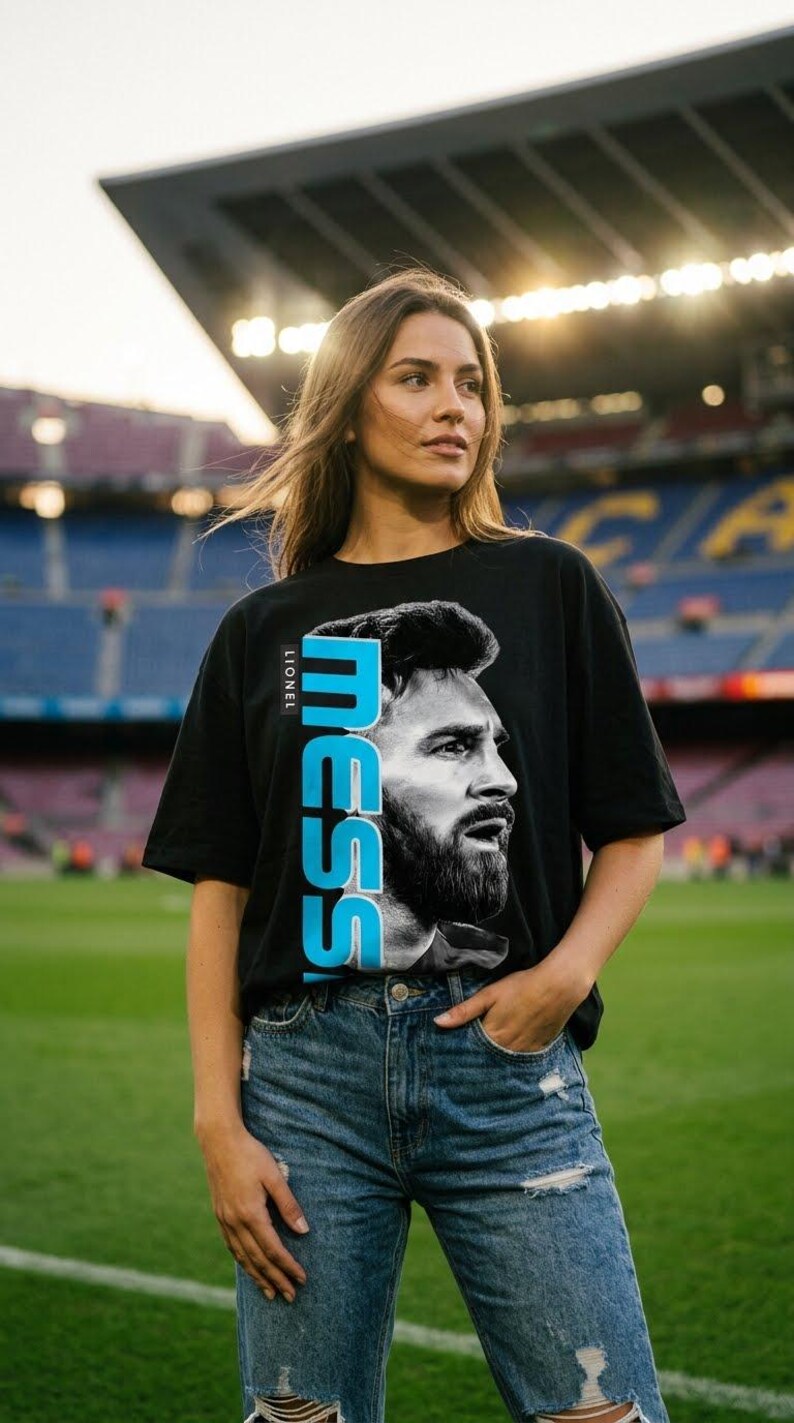 Puede incluir: Una camiseta negra de manga corta que presenta un gran retrato en blanco y negro de Lionel Messi. El nombre MESSI est&aacute; impreso verticalmente en letras may&uacute;sculas de color azul claro junto al retrato, con el nombre LIONEL en texto blanco.
