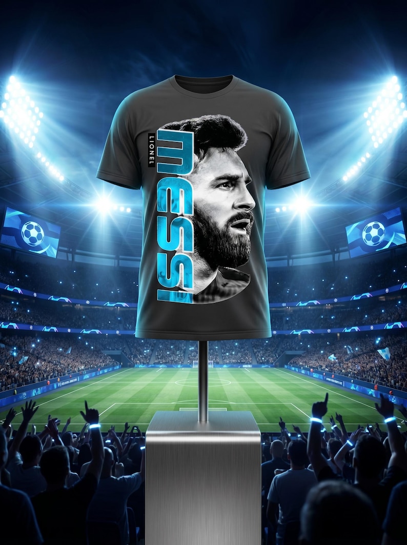 Puede incluir: Una camiseta de manga corta de color gris carb&oacute;n que presenta un retrato de perfil en blanco y negro de Lionel Messi. El nombre MESSI est&aacute; impreso verticalmente en letras may&uacute;sculas grandes de color azul brillante junto al retrato, con el nombre LIONEL en texto m&aacute;s peque&ntilde;o.