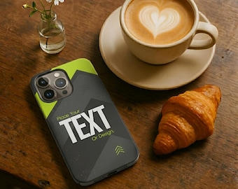 Funda personalizada para iPhone / Diseño geométrico en color carbón y lima, con portada personalizada con nombre y foto.