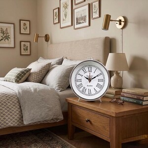 Vintage Style Chrome Table Clock, Roman Numerals, London Desk Clock, Industrial Decor