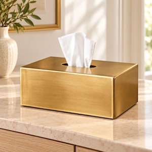 May include: A rectangular tissue box cover with a brushed gold metallic finish. The box features a central oval opening at the top, through which two white paper tissues are pulled upward, extending vertically from the container.