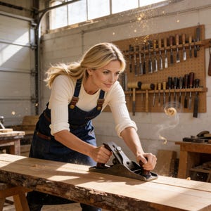 May include: A woman using a hand plane on a wooden plank in a workshop. She is wearing a white long-sleeved shirt and a denim apron. Wood shavings are visible in the air, and tools hang on the wall in the background.