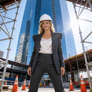 May include: A woman wearing a white hard hat, gray suit, and white blouse stands in front of a modern glass skyscraper under construction. Orange traffic cones and scaffolding are visible in the foreground. The sun shines brightly.