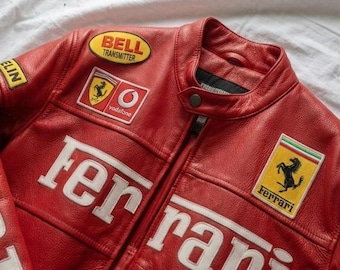 Handmade Ferrari Racing Leather Jacket: Genuine Cowhide Biker Motorsport Apparel