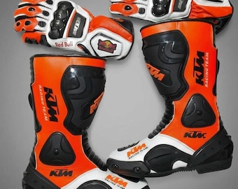 KTM Racing Team Leather Motorcycle Boots and Gloves Set, MX Track Protection