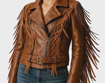 Women's Genuine Leather Fringe Moto Jacket, Western Biker Boho Festival Coat