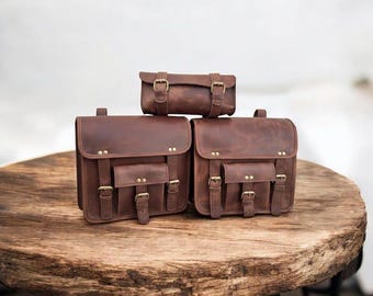 Custom Handmade Leather Set of 3 Vintage Leather Motorcycle Saddle Bag