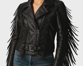 Women's Genuine Leather Fringe Moto Jacket, Western Biker Tassel Coat, Boho Festival Outfit