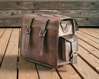 Custom Handmade Leather Set of 2 Vintage Leather Motorcycle Saddle Bag