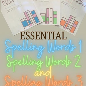 Puede incluir: Tres cuadernos de ortografía titulados "Essential Spelling Words 1, 2 y 3" con diseños de gráficos de barras coloridos. El título "Essential Spelling Words" está en la parte superior de cada cuaderno. Las palabras "Spelling Words 1, 2 y 3" son en colores neón.