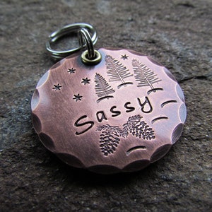 SNOW on the PINES handmade dog tag - Personalized winter scene pet ID tag - Engraved pet tag - Dog tag for dogs - Pine Trees and Pine Cones