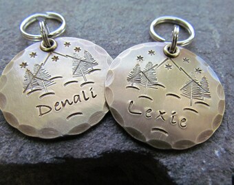 Denali Peaks Dog Tag - Pet ID Tag in Brass or Copper - Pet Tag with Mountain scene - Hand made Dog collar tag - Dog tag for dogs - Name Tag