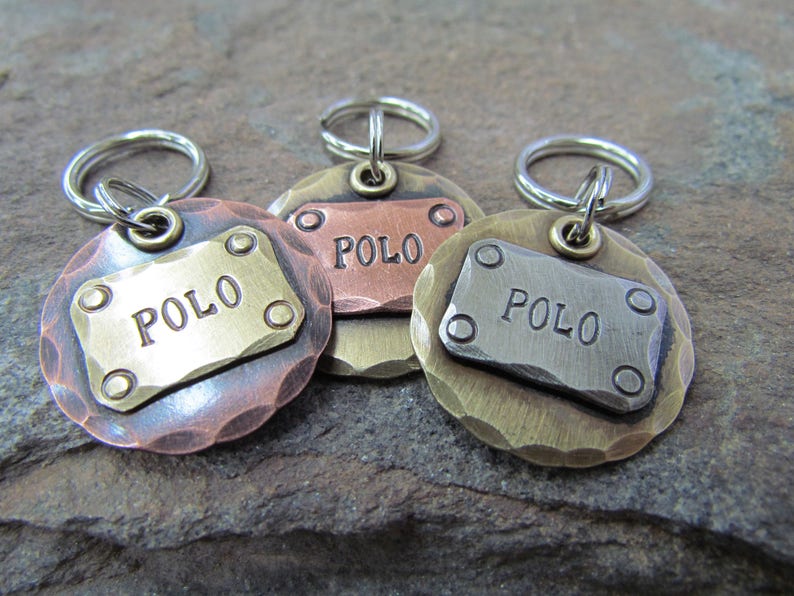 Hand stamped dog tag Handmade Pet Identification available with personalized information Address ID tag Engraved Pet ID Tag Copper immagine 1