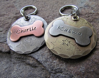 Large Dog Tag with Bone - Dog Collar Tag - Personalized Pet ID Tag - Pet tag in Copper, Brass, or Nickel - Hand Made By The Mad Stampers