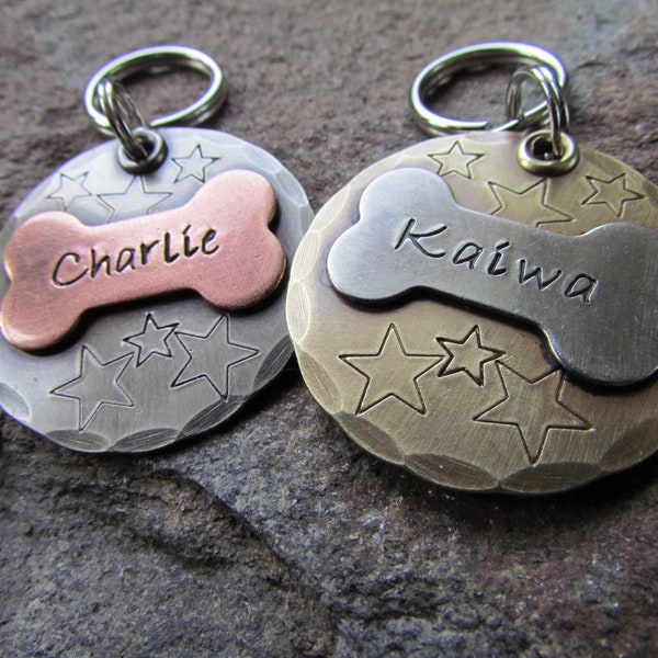 Large Dog Tag with Bone - Dog Collar Tag - Personalized Pet ID Tag - Pet tag in Copper, Brass, or Nickel - Hand Made By The Mad Stampers