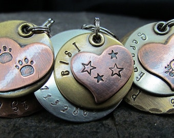 Dog Tag - Pet tag/Tags - Pet Id Tag-  Copper Nickel/Silver Brass with Tilted Copper Heart- Hand stamped Engraved Personalized