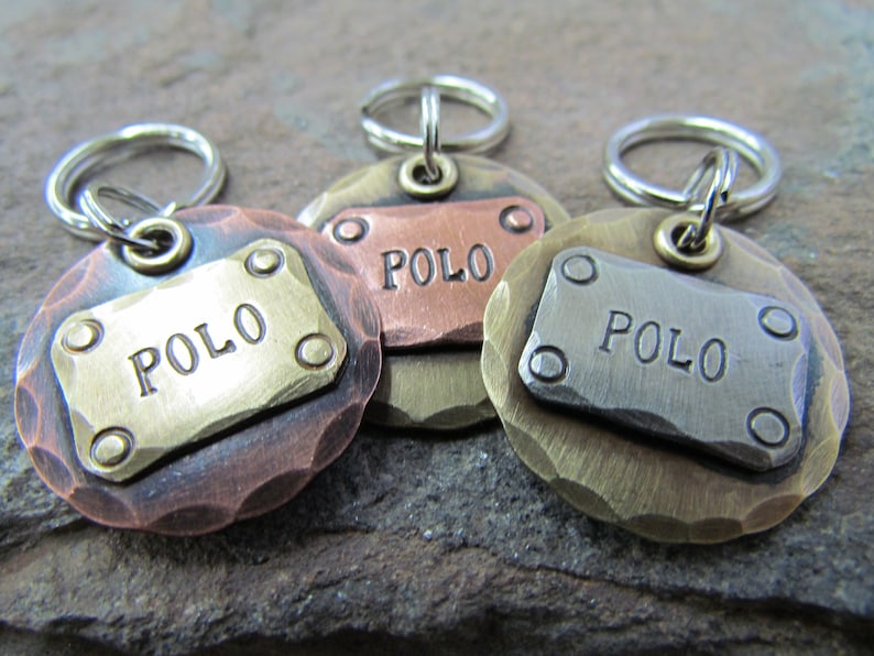 Hand stamped dog tag Handmade Pet Identification available with personalized information Address ID tag Engraved Pet ID Tag Copper immagine 2