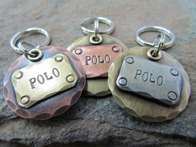 Op de afbeelding: Drie ronde metalen hondenpenningen met een gehamerde afwerking. Elke penning heeft een rechthoekige messingplaat met de naam "POLO" erop gegraveerd. De penningen zijn in verschillende kleuren: koper, messing en zilver.