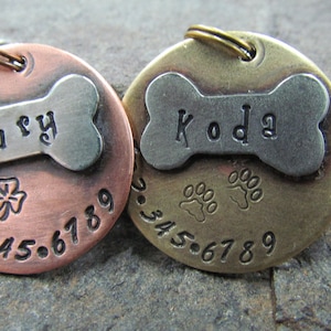 Pet ID Tag - Pet Tag - dog id Tag - Collar Tag - with a Nickel Bone - Brass or Copper Custom Pet ID Tag - Personalized pet - Pet Accessories