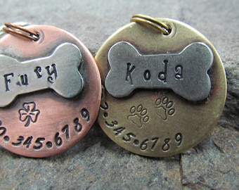 Pet ID Tag - Pet Tag - dog id Tag - Collar Tag - with a Nickel Bone - Brass or Copper Custom Pet ID Tag - Personalized pet - Pet Accessories