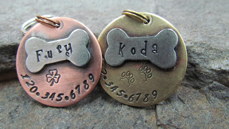 Pet ID Tag - Pet Tag - dog id Tag - Collar Tag - with a Nickel Bone - Brass or Copper Custom Pet ID Tag - Personalized pet - Pet Accessories 