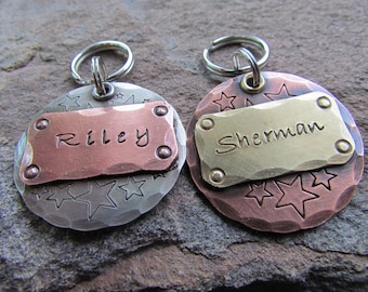 Large Dog Tag - Personalized pet ID Tag With Nameplate and Stars - Perfect pet tag - Available in Copper, Brass, or Nickel-The Mad Stampers