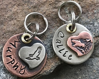 Pet ID tag - Dog tag - Wilderness Pet tag - Eagle - Wolf- Collar tag - Designer tag - Horse Halter tag - Personalized - Handmade - Nickel