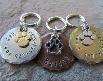 1" Round Dog Tag - dog id tag - Pet ID Tag - dog tag for dogs - Pet Tag with Paw Print Charm - Nickel, Copper or Brass