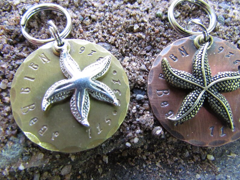 Large Pet Tag Collar Tag Starfish Pet Tag Hand Stamped Metal Tag Handmade Pet Tag Dog Collar Tag ID Tag