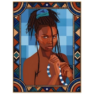 Peut inclure: Portrait d'une personne à la peau foncée, portant un foulard bleu et tenant un collier de perles bleues et blanches. La personne a de longs cheveux tressés. L'œuvre est encadrée d'une bordure décorative avec des motifs géométriques.