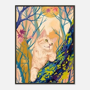 Autumn Forest Cat Poster - Japanese Maple Illustration - Golden Nature Wall Decor - Gift for Cat and Forest Lovers
