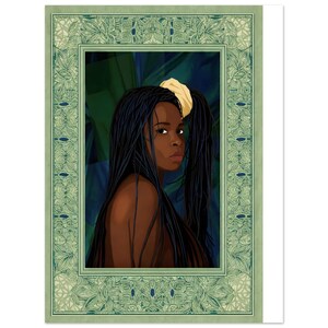 Peut inclure: Illustration d'une personne aux longs cheveux noirs et un chouchou jaune, encadrée par une bordure décorative verte. L'arrière-plan présente des nuances de bleu et de vert. La personne regarde par-dessus son épaule.