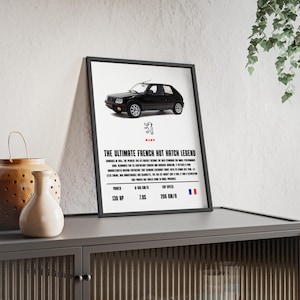 Gerahmtes peugeo 205 GTI - 1.9L französisches Hot Hatch Poster - 80er Jahre Oldtimer-Minimalist-Wanddekor - Vintage Sport Specs Print