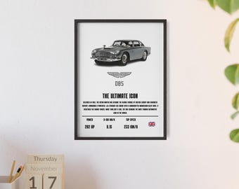 Poster Aston Martin DB5 encadré – oeuvre d'art murale classique britannique 12 x 16, impression de style James Bond