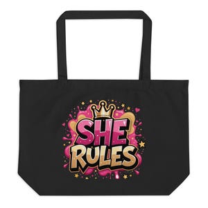 She Rules Tote Bag – Girl Power Aesthetic Canvas Tote, Reusable Shopping Bag, Everyday Shoulder Bag