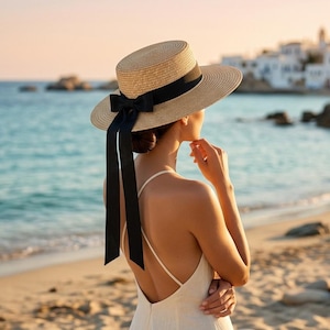 Könnte beinhalten: Ein Strohhut mit schwarzem Band und langen Bändern. Die Person trägt den Hut an einem Strand, mit Meer und Küstenstadt im Hintergrund. Ein klassisches Sommeraccessoire.