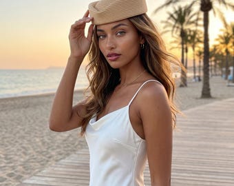 Puede incluir: Una mujer con un sombrero beige con costuras horizontales y parte superior plana. Lleva un vestido blanco con tirantes finos y un collar dorado. El fondo muestra una playa con palmeras y una puesta de sol.
