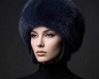 Dark Blue Faux Fur Ushanka Hat, Trapper Hat with Leather Crown, Russian Winter Hat, Luxury Faux Fur Hat Women, Warm Winter Cap Gift