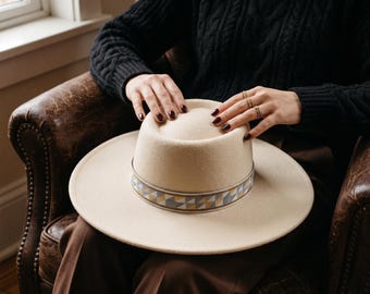 Beige Wool Felt Fedora, 9.5cm Wide Brim Hat for Women, Flat Top Boater, British Church Hat, Jazz Fedora with Geometric Band, Fall Winter