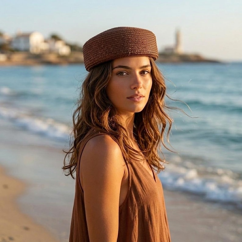 Sombrero tipo pastillero de paja de rafia natural / Boina tejida a mano / Sombrero de playa de verano para hombre y mujer / Estilo marinero Brown