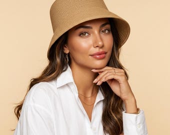 Foldable Wide Brim Straw Bucket Hat, Packable Summer Beach Hat, Women’s Crochet Flat Top Sun Hat, Casual Travel Hat, UV Protection Beach Cap